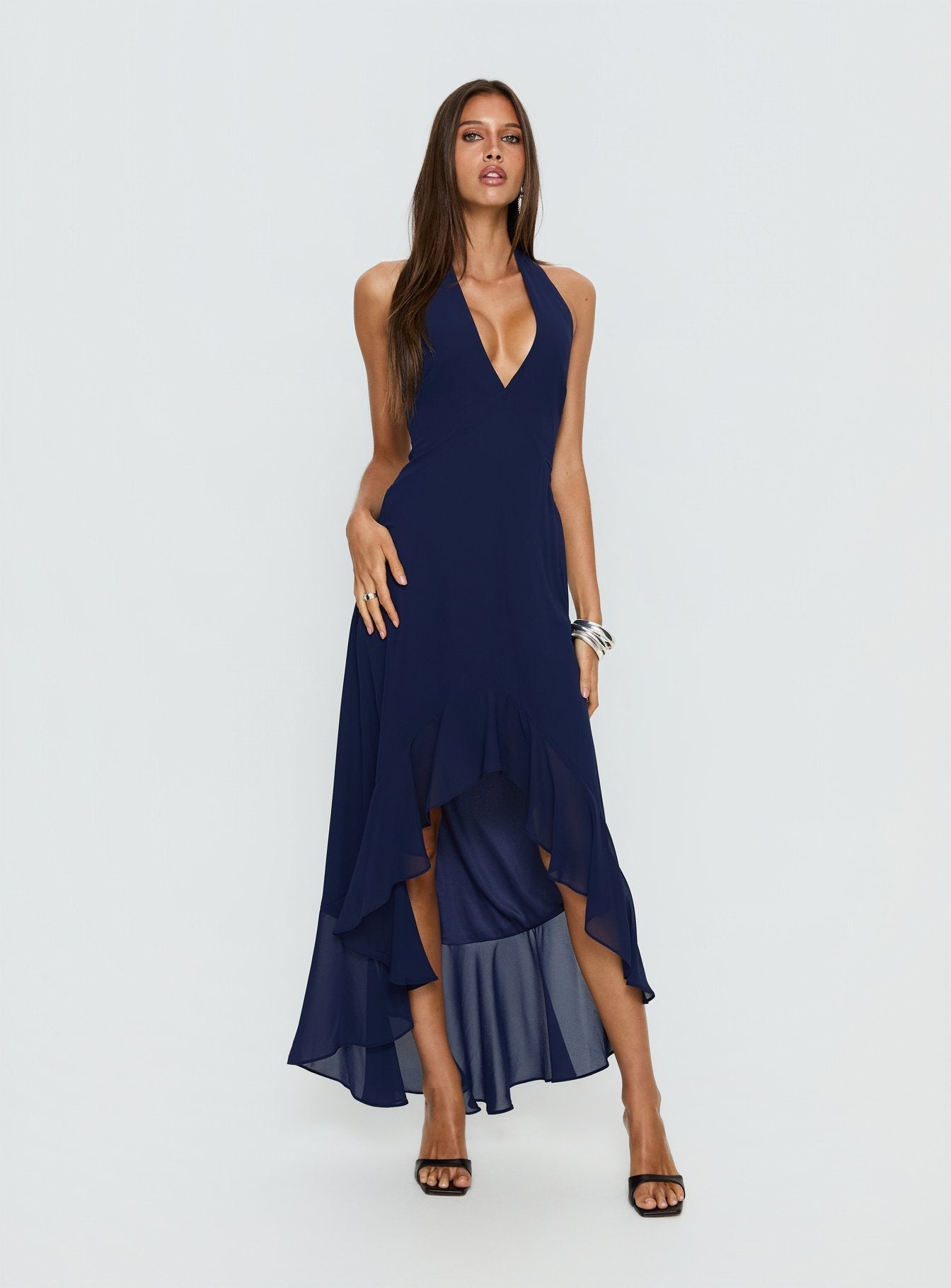 Agata Halter Frill Maxi Dress Navy